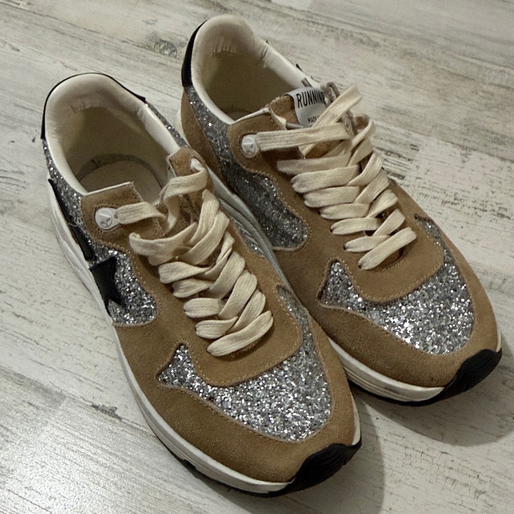 Golden Goose Tan and Silver Glitter Sneakers - Picture 13 of 16